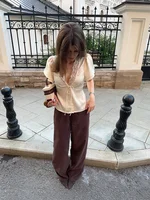 Chic Lace Women 's Shirts Elegant V-neck Tie Up Single Breasted Tops Female 2025 Summer Autumn Fashion Lady High Street Blouse