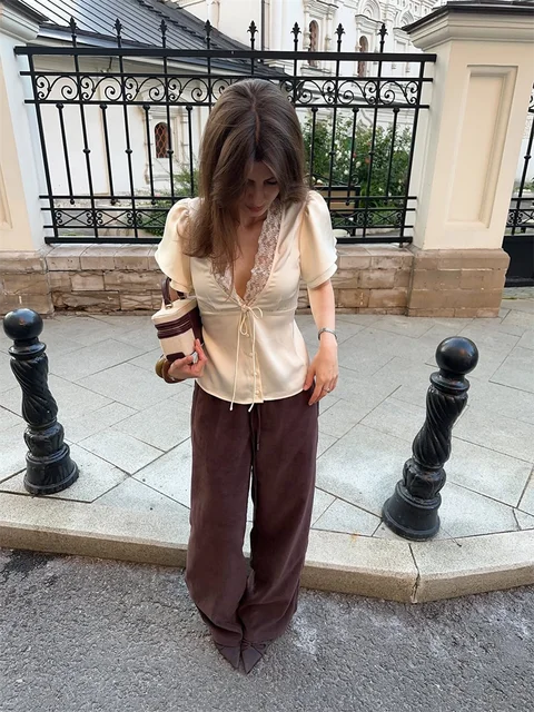 Chic Lace Women 's Shirts Elegant V-neck Tie Up Single Breasted Tops Female 2025 Summer Autumn Fashion Lady High Street Blouse