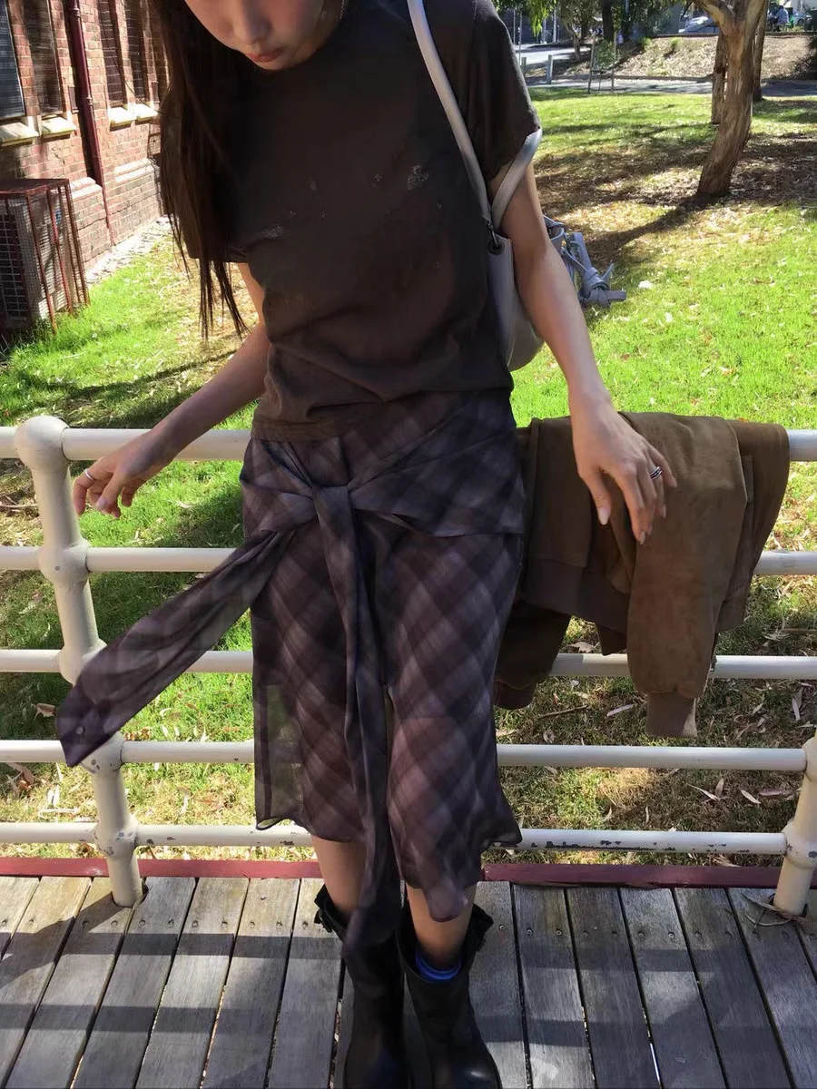 

Юбка женская весна-лето 2026, дизайн Dongdaemun Thbrathe, в клетку, с поясом, с завышенной талией, А-силуэт, из полиэстера