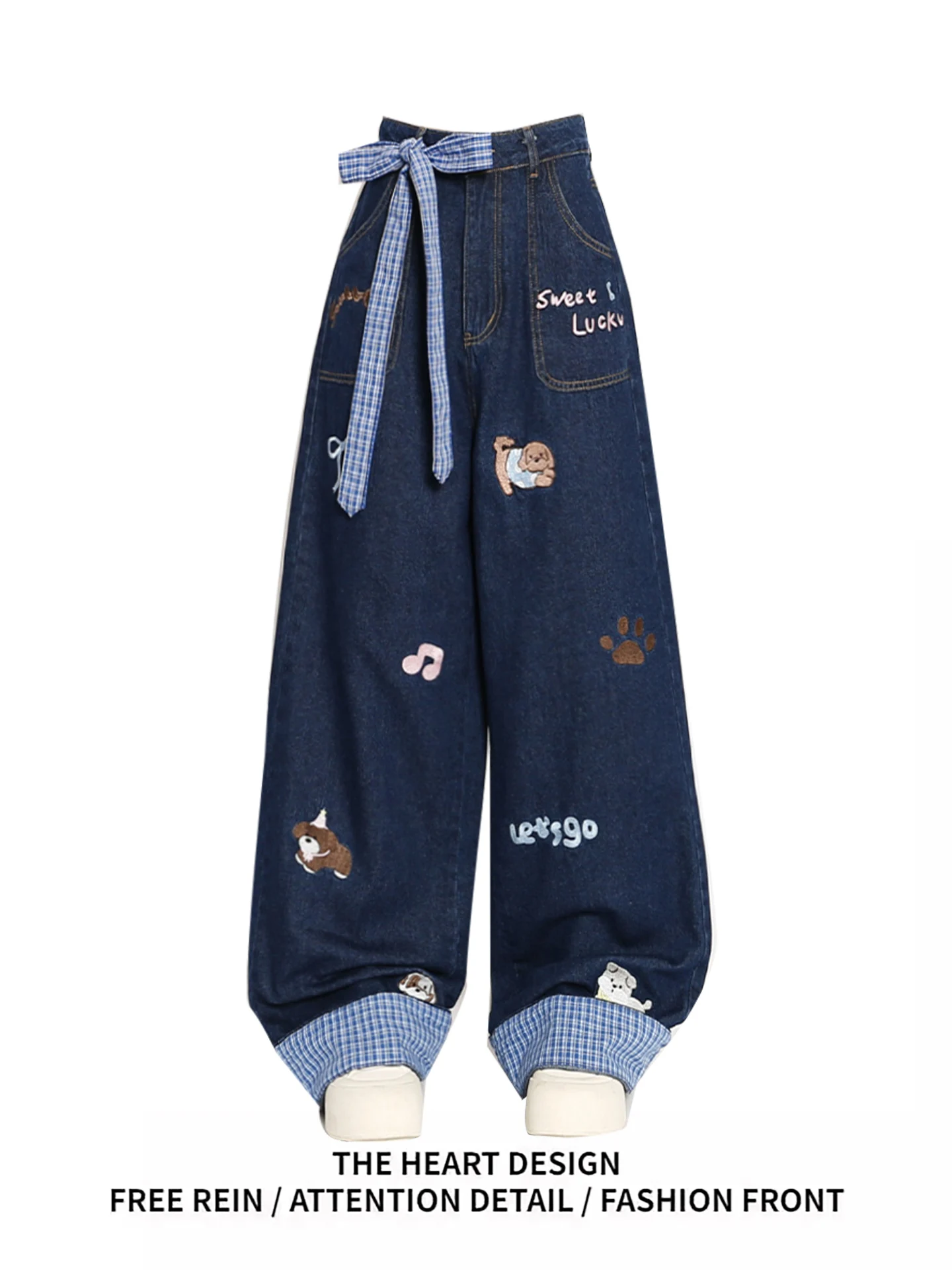 Cute Dog Bow Tie Embroidered Denim Pants High Waist Wide Leg Straight Cut Cuffed Casual Blue Jeans for Young Women Autumn