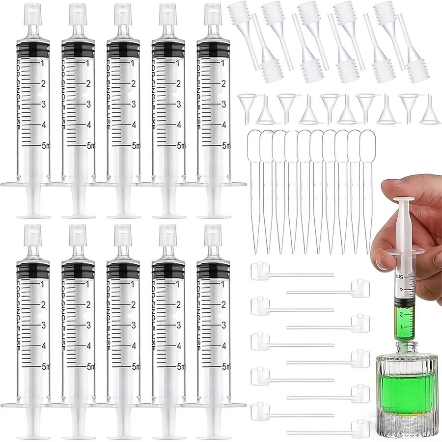 Kit de Ferramentas para Enchimento de Perfumes e Cosméticos DIY (50 Peças/10 Peças), Incluindo Conta-gotas de Mola, Bico Dosador Longo, Funil e Seringa de 5ml com Tampa, Ferramenta de Transferência de Perfume de Plástico, Kit de Ferramentas de Viagem para Amostras de Perfume e Óleos Essenciais