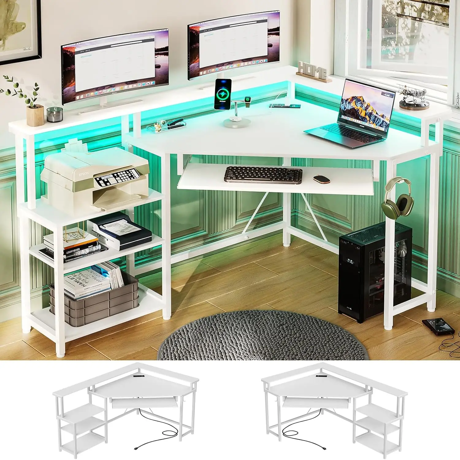 Small Computer Desk with Power Outlets, Gaming Desk with LED Lights