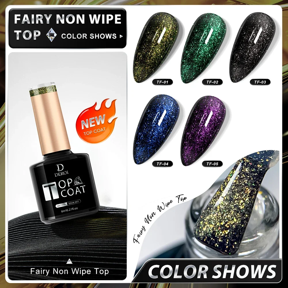 DEROI Glitter Geen Veeg Gel Top Coat Shine Topcoat Fairy Top Coat Vernis Losweken UV Ultra Wit Zwart Gel Polish Nail Art