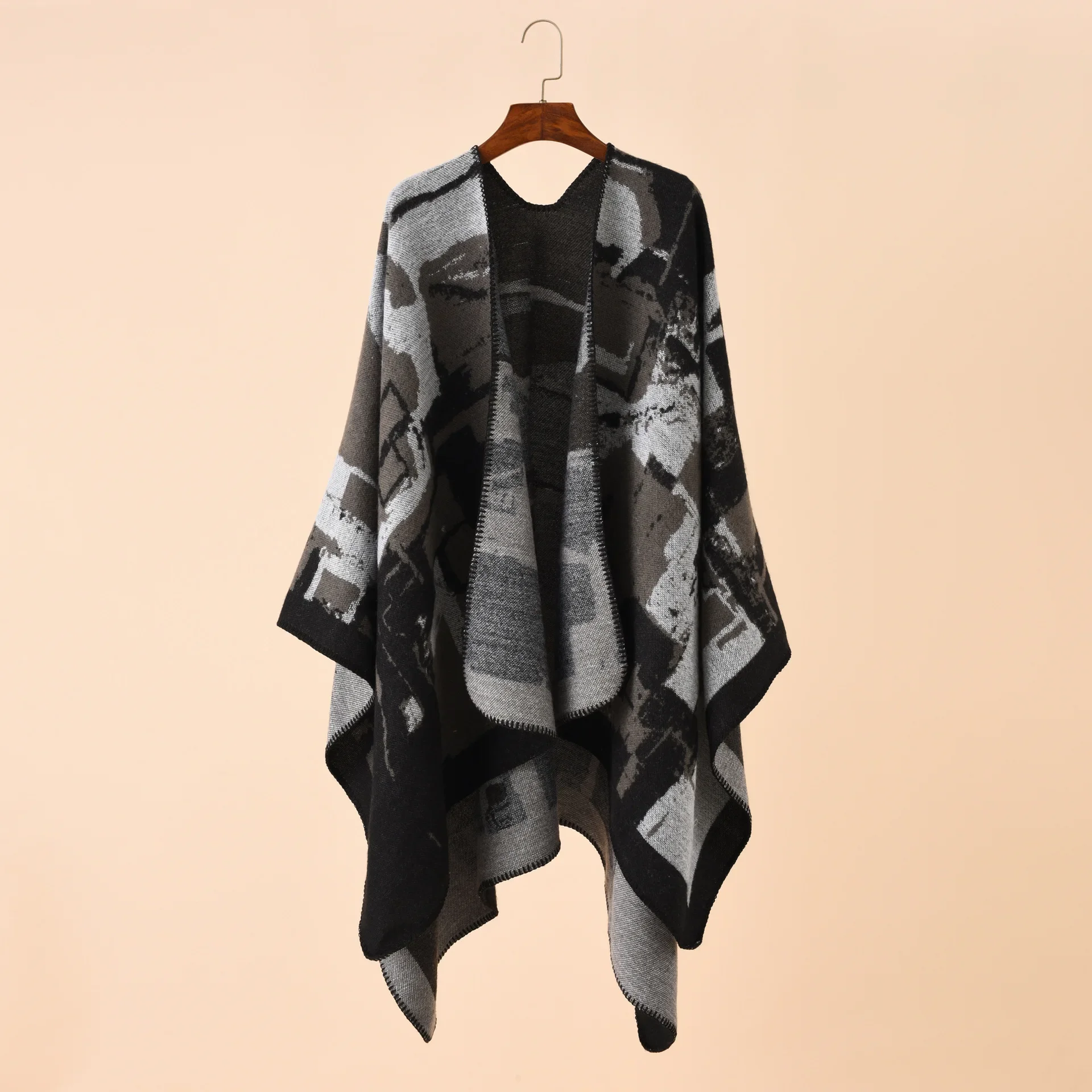 

2024 Autumn Winter Irregular Geometric Lattice Pattern Imitation Cashmere Shawl Air Conditioning Room Cloak Poncho Capes Gray