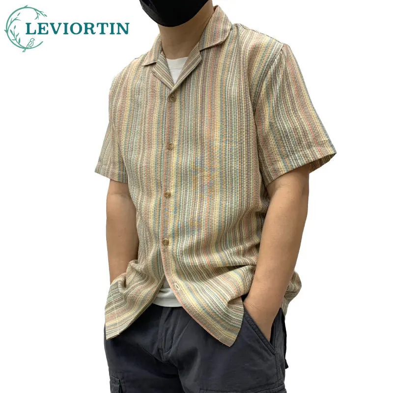 Colorful Striped Short Sleeved Shirt For Men Summer Vintage Cuban Collar Loose Half Sleeved Shirt