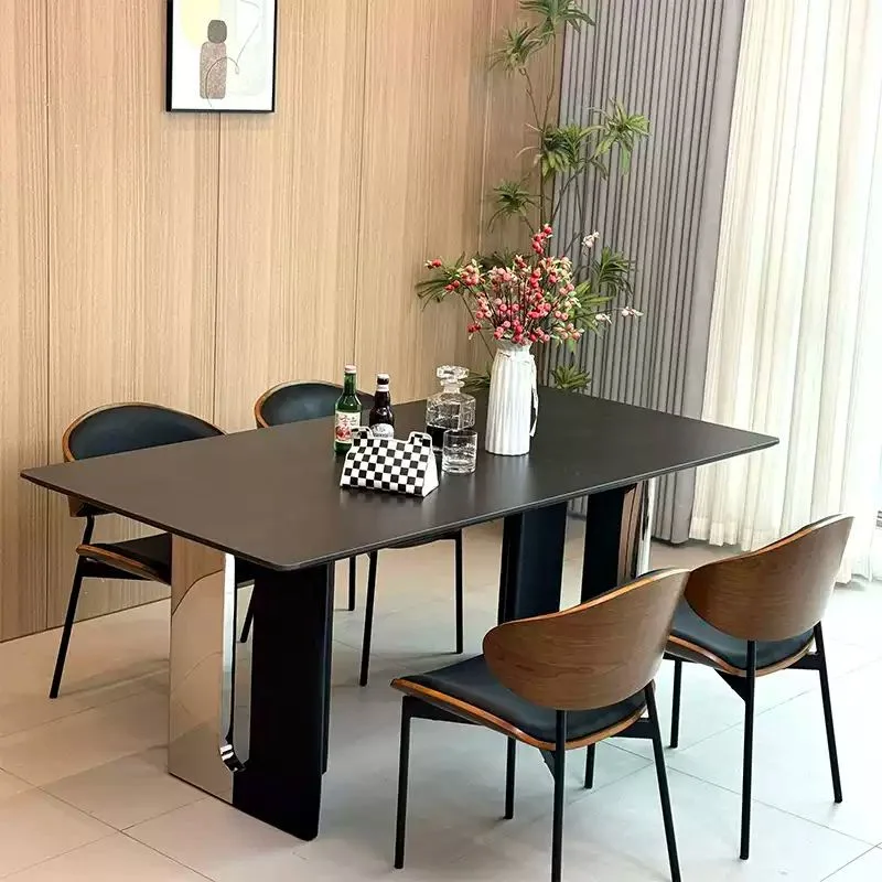 

Rectangle rock slab dining table retro home Italian minimalist stainless steel solid wood modern simple dining table and chairs
