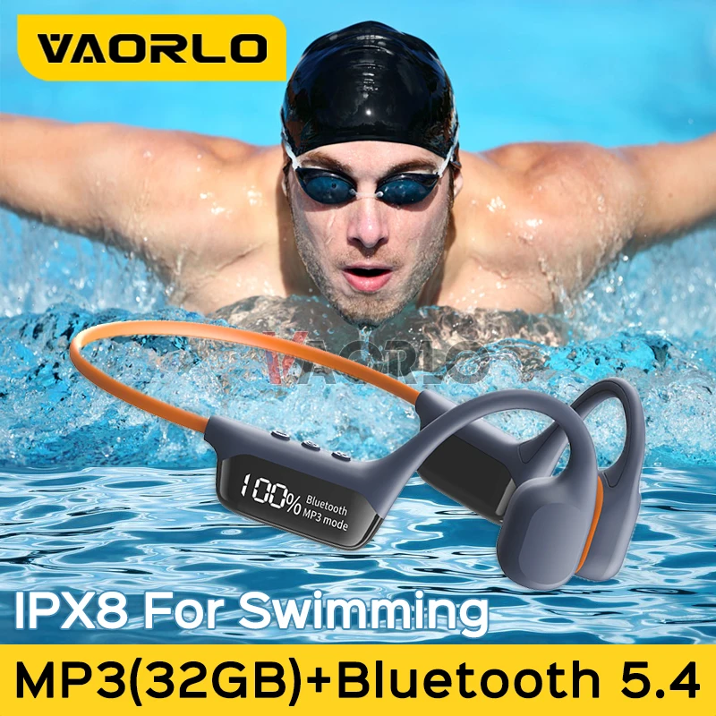 VAORLO Bone Conduction Headphone 32GB Bluetooth 5.4 Wireless Swimming Headset With Mic IPX8 Waterproof Sport Ear-hook Headphone