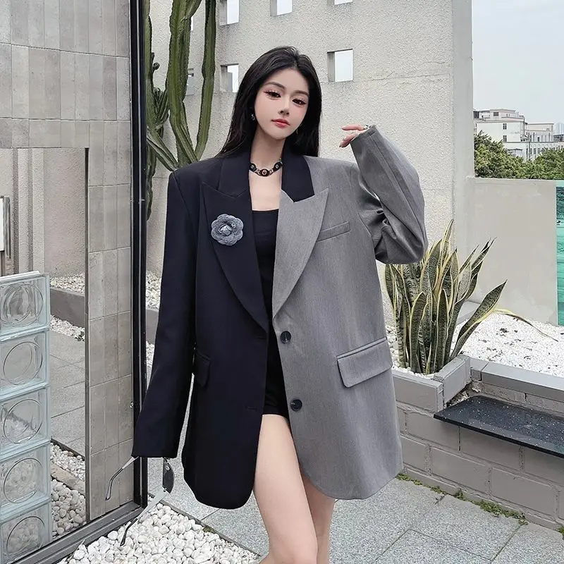 Women Irregular Color Block Blazer Shoulder Pad Chic Casual Jacket Spring Autumn Fashion Elegant Office Lady Top