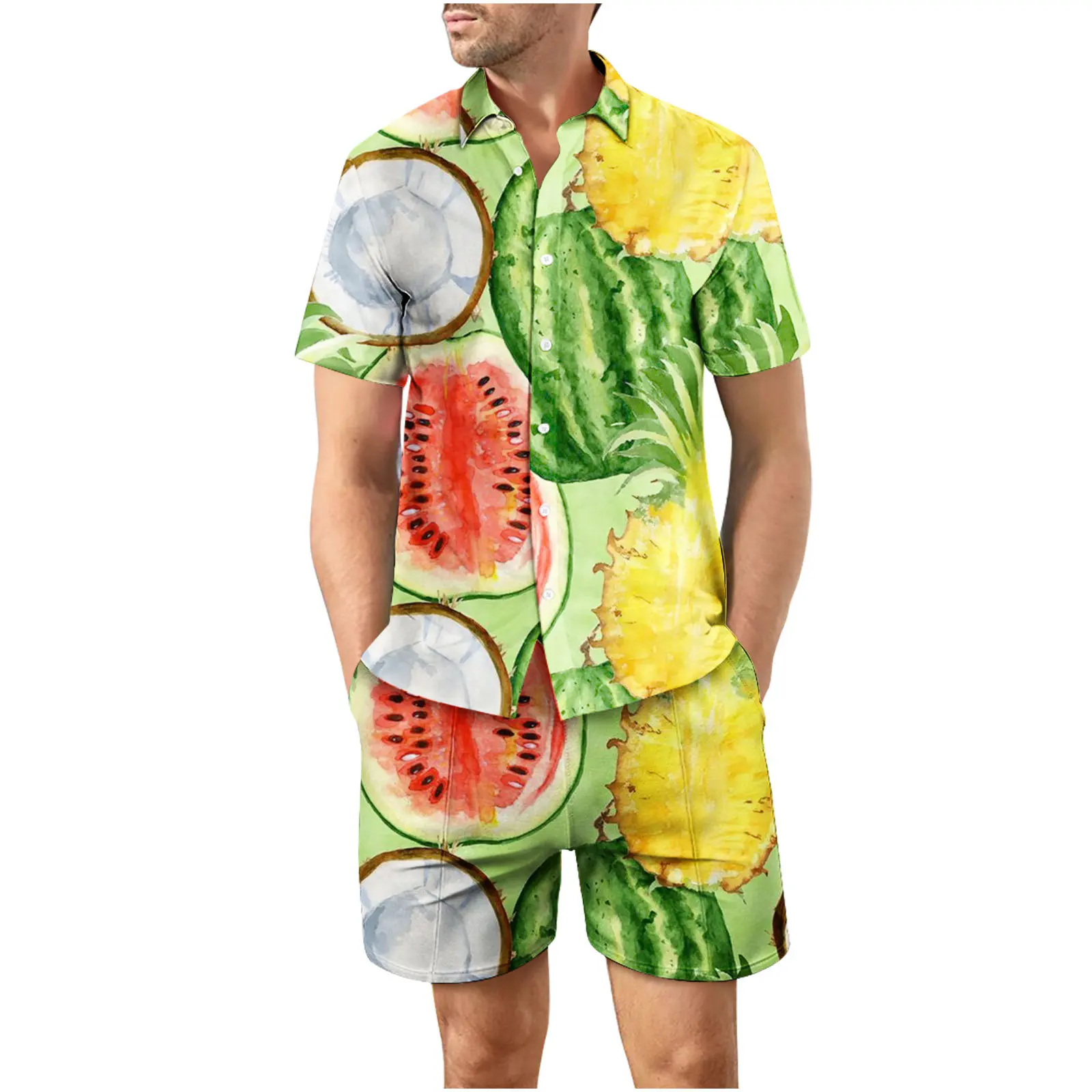 3D coconut tree print summer beach shirt men\'s set Hawaii outdoor dress casual short sleeved shirt+shorts 2-piece set