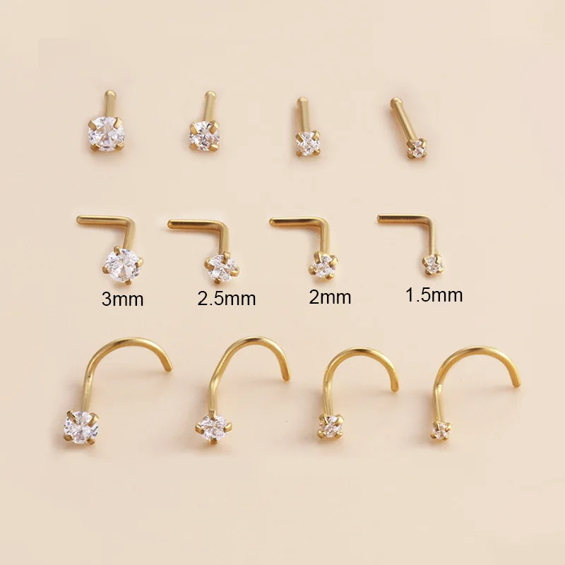 

10Pcs 20G Piercing Stainless Steel 1.5/2/2.5/3MM Zircon Gold Nose Stud S Shape Nose Ring Screw Nostril Body Jewelry Wholesale