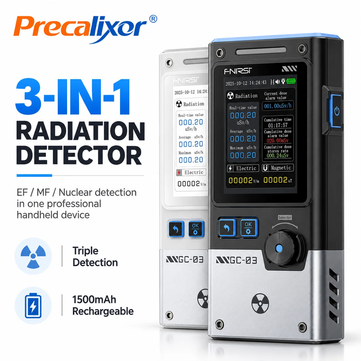 FNIRSI GC-03 Geiger Counter Nuclear Radiation Detector, Portable 3-in-1 Meter for Real-Time NR/EMF/EF Monitoring, W/Alarm