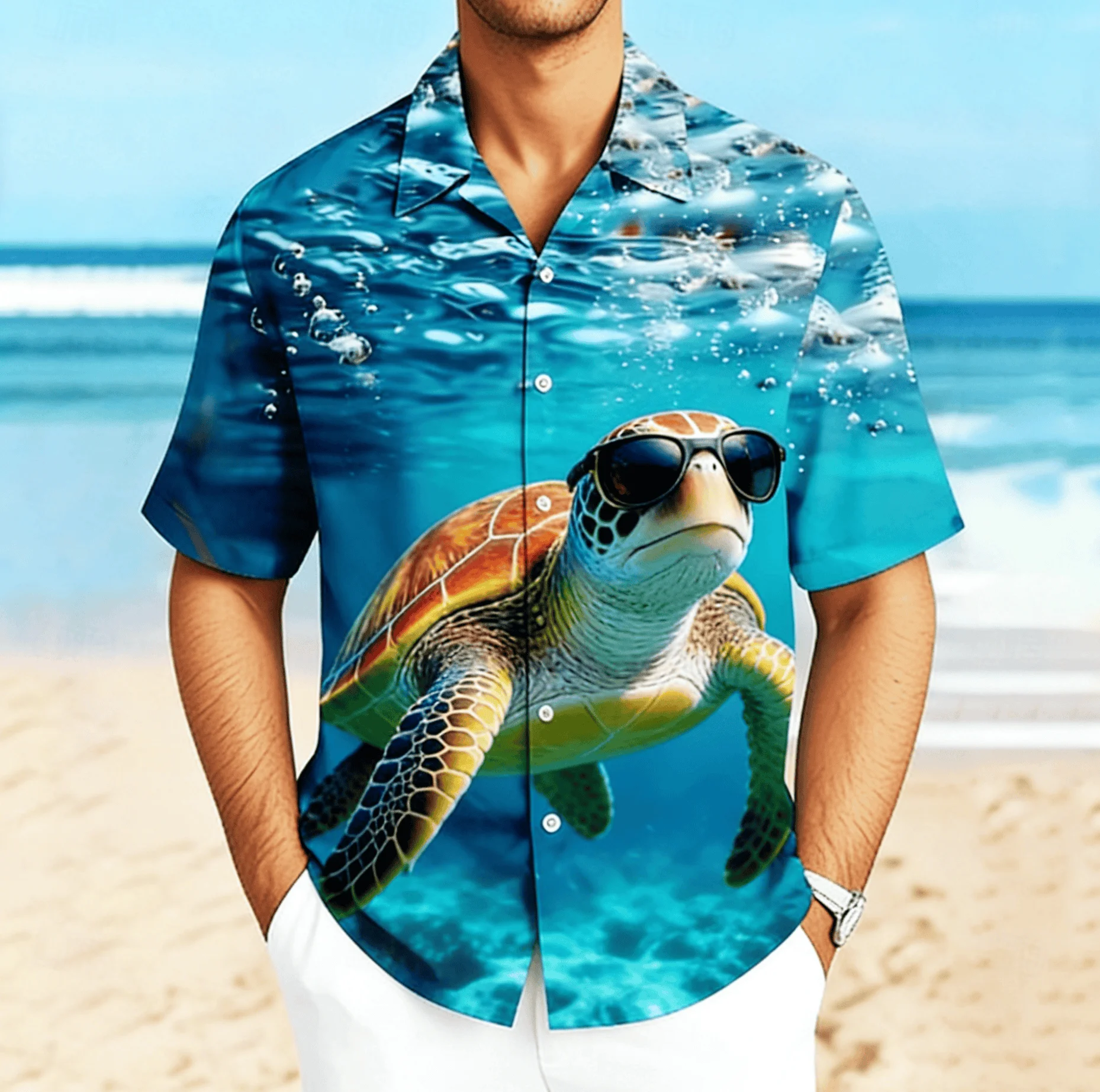 

Men's Beach Sunglasses Sea 3D Print Short Sleeve Shirt, Spring Summer Fun Ocean Hawaiian Vacation Blouse, Loose Casual Top