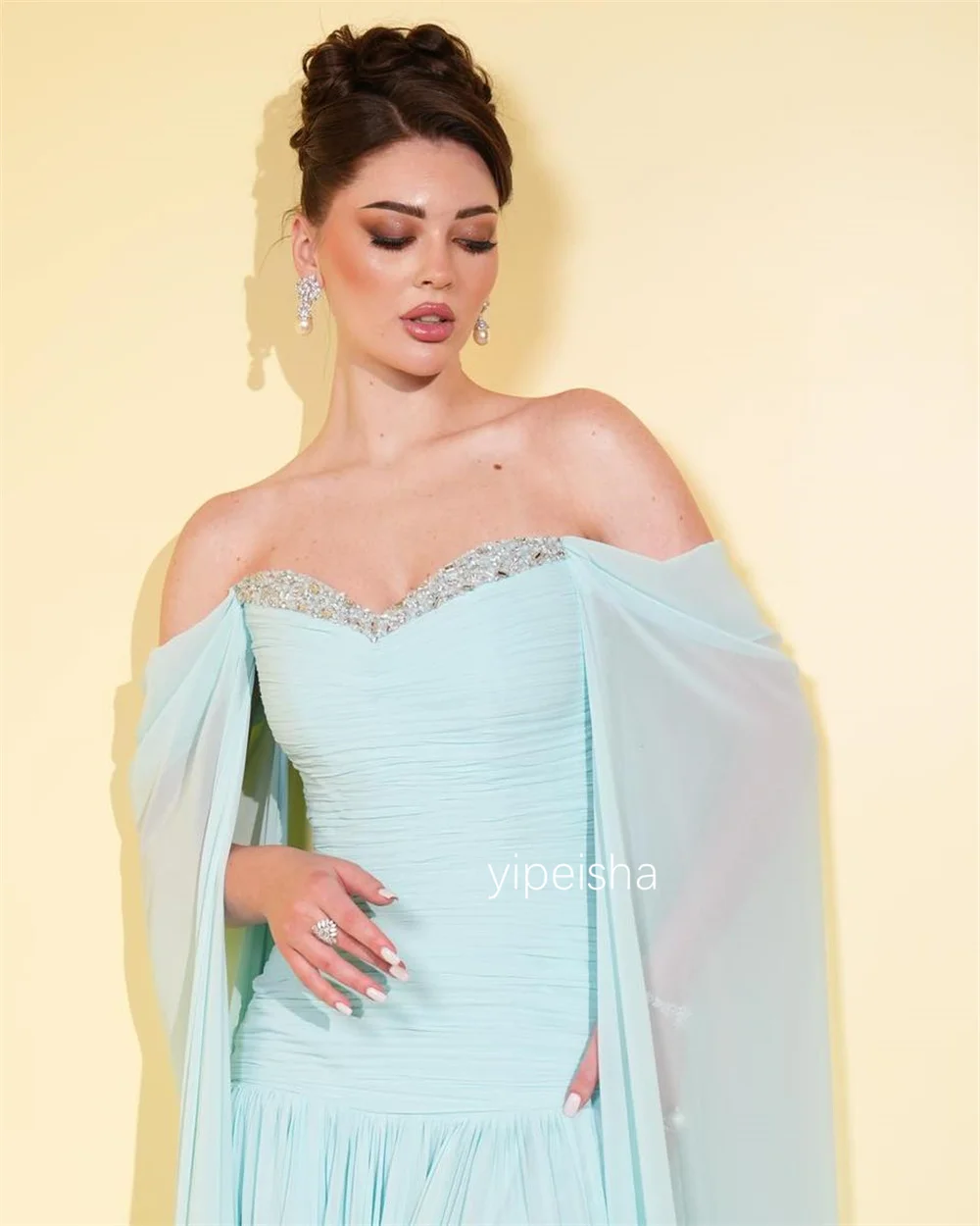 Customized Sparkle Chiffon Pleat Sequined A-line Off-the-shoulder Long Dresses Bespoke Occasion Quinceanera Chinese Style