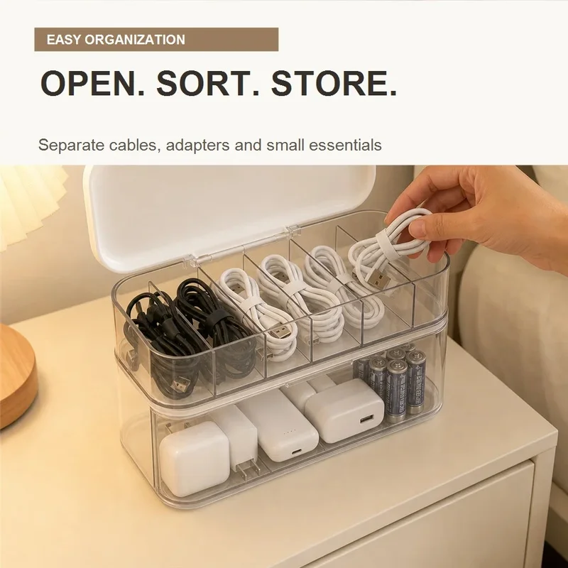 Cable Management Box Desktop Cord Organizer with Lid Clear Charger Storage Case No Power Needed Compact Design for Home Office D
