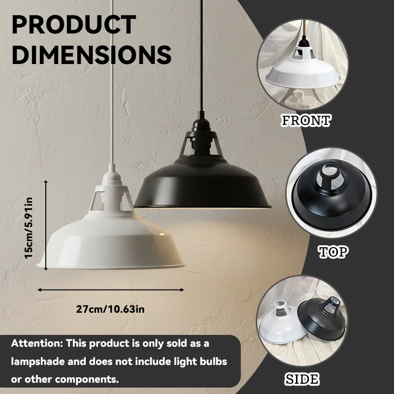Industrial Metal Dome Pendant Lampshade, 27cm Black White Two Color Iron Lamp Cover for Kitchen Island Cafe Bar Decor, Lampshade