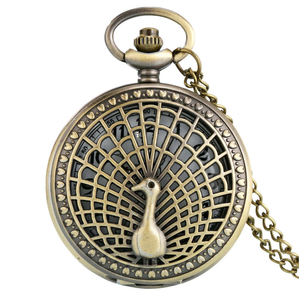 

Bronze Hollow Out Spread Feather Peacock Quartz Pocket Watch Men Women Arabic Numerals White Dial Pendant Necklace Pocket Clock