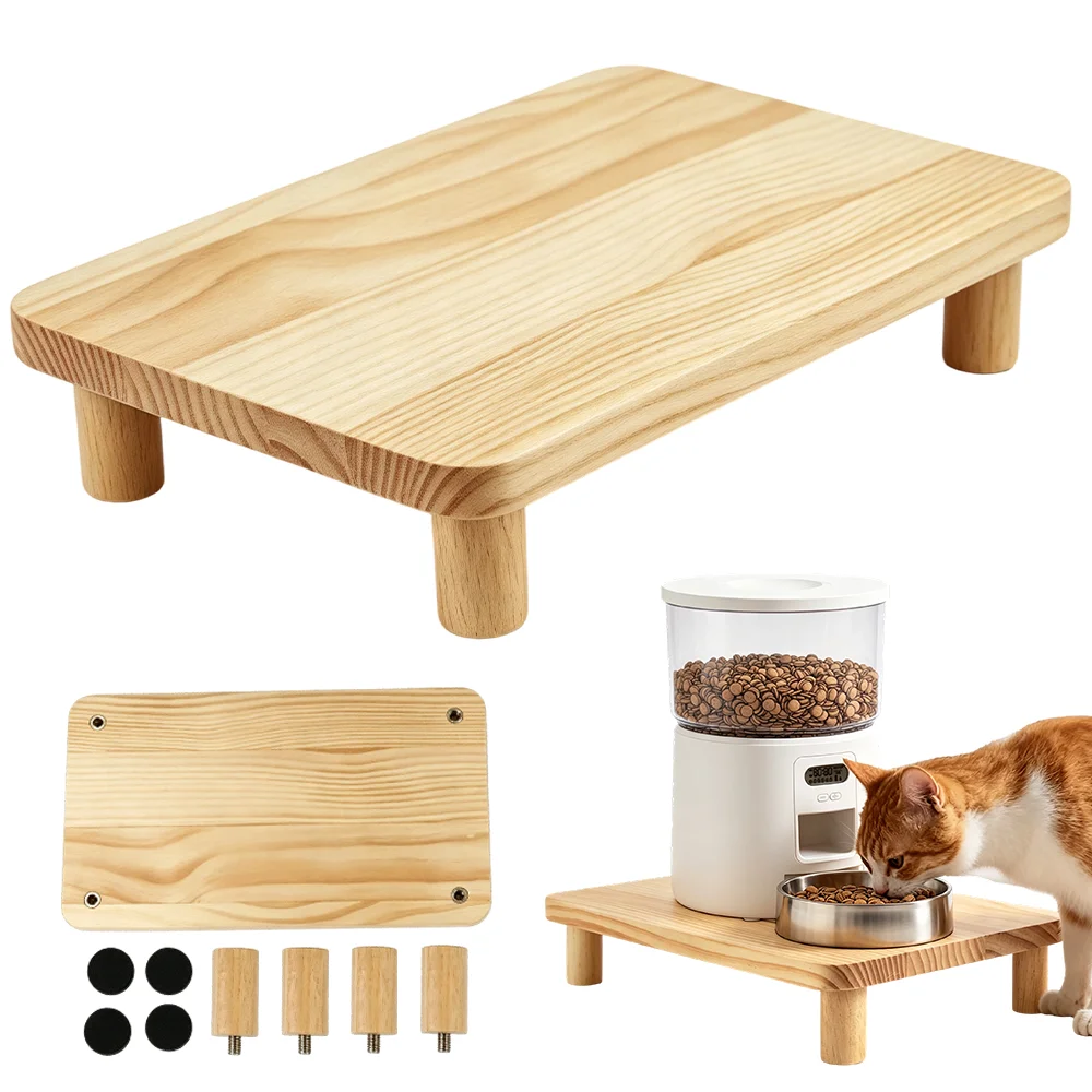 Support d'alimentation pour chat en bois, plateforme d'alimentation avec pieds antidérapants, construction durable, surface lisse facile à nettoyer, finition grain de bois clair, design surélevé stable, essentiel pour la zone d'alimentation à domicile, montage rapide sans outils