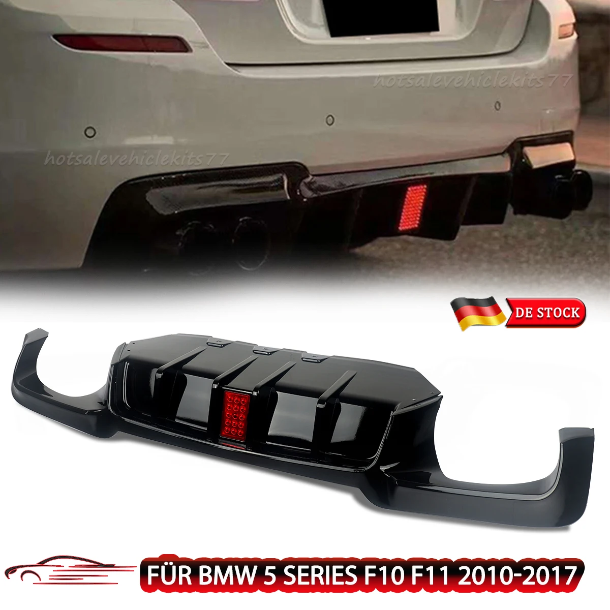Für BMW 5er F10 Limousine F11 Kombi M Sport 2010-2017 Heckdiffusor Lippe Splitter mit LED-Bremslicht Carbon-Look Heckspoiler