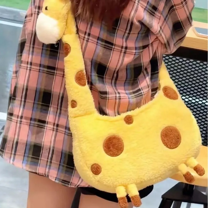 

Plush cartoon cute giraffe messenger bag simple animal pattern campus light casual shoulder bag unisex