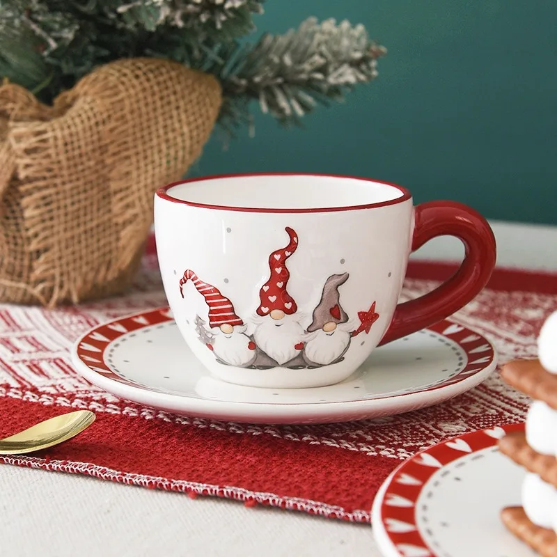 Santa Claus Ceramic Cup and Saucer Christmas theme Coffee Cup Afternoon teacup Dish Christmas Mug Breakfast Milk Juice Water Cup