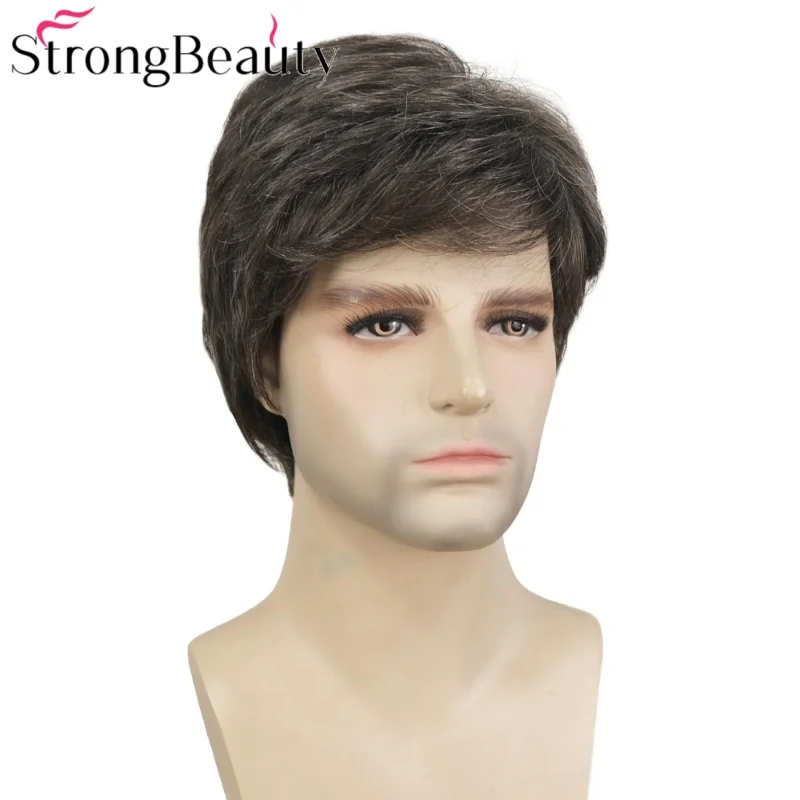 شعر مستعار قصير مستقيم للرجال من سترونج بيوتي، شعر مستعار صناعي طبيعي أسود/رمادي بدون غطاء مقاوم للحرارة #2