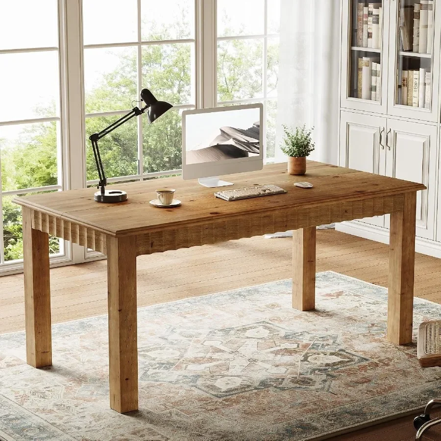 63-Inch Computer Desk, Solid Wood Home Office Desk with Sturdy Wooden Legs, Rustic Large Computer Office Table for Writing, Rea