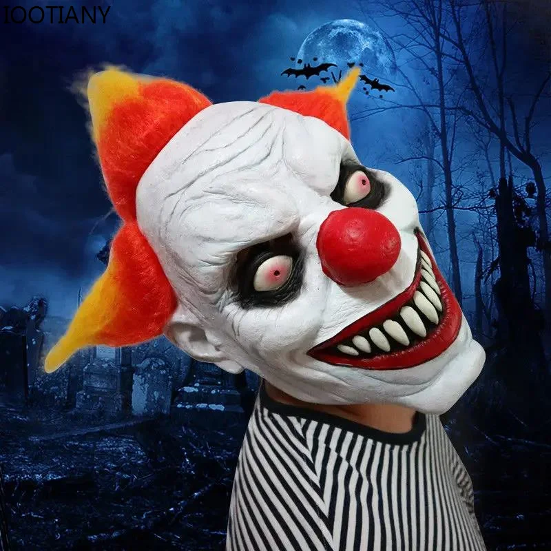 IOOTIANY Scary Ghost Clown Cosplay Mask Face Fancy Dress Party Props Adult Latex With Hair Halloween Masks Props Rave Outfit New