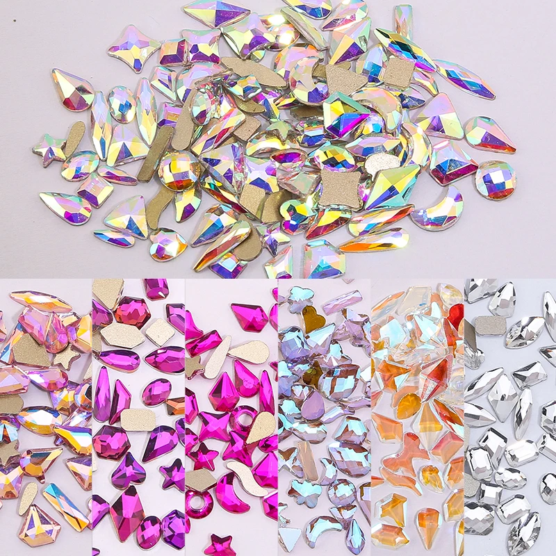 QIAO 100pcs Colorful Shaped Rhinestones Shiny Crystal Diamond Stone Nail Gems Flatback for Nail Art Rhinestone Decorations