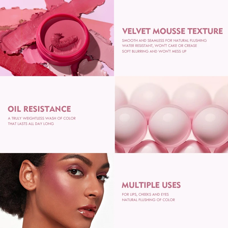 Pudaier Velvet Mousse Blush - Waterbestendig, verhelderend, langdurig, oliebestendig, multifunctioneel voor lippen, wangen, ogen