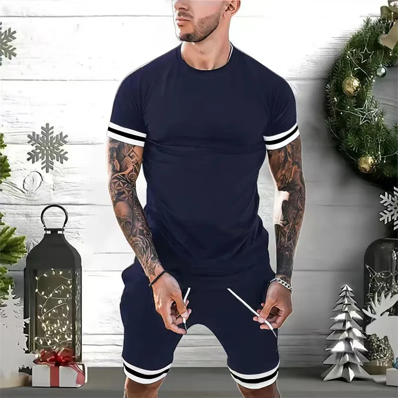 2025 Men's Short-sleeve Shorts Two-piece Set Sporty Casual Youth European and American Outfit