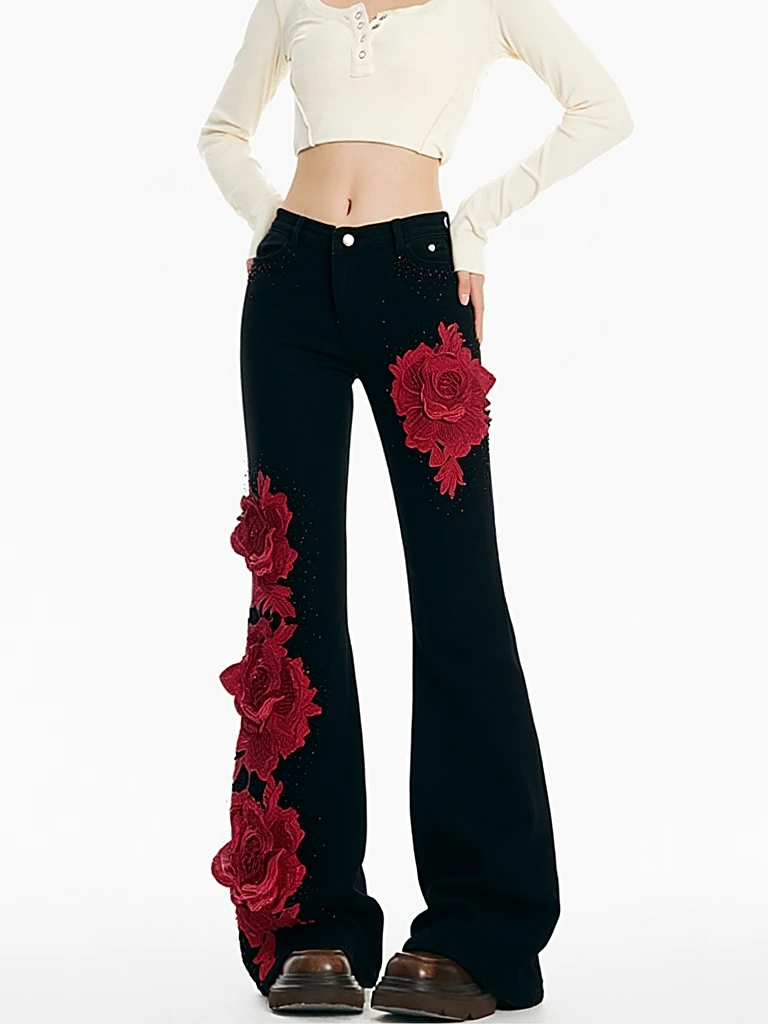 

Y2K Spicy Girl Bla Bell Bot Jeans Женские брюки-клеш в американском стиле ретро с розой для похудения