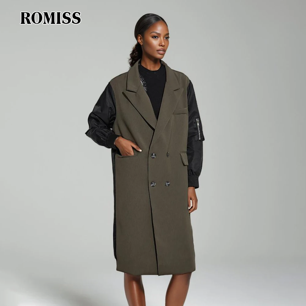 

ROMISS Patchwork Pockets Coats For Women Lapel Long Sleeve Double Breasted Streetwear Hit Color Loose Coat Female Fashion New