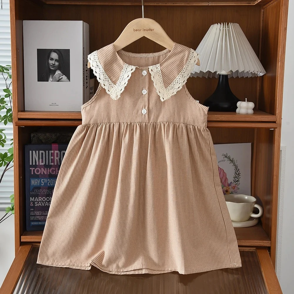 Solid Color Sweet Girl Casual Clothes Lace Lapel Single Breasted Sleeveless Princess Dress Summer New Korean Version