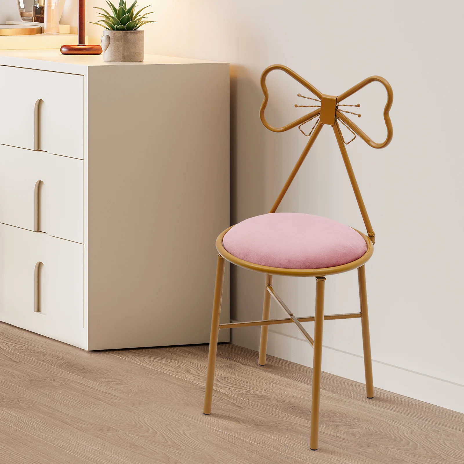 Pink Bow Backrest Princess Chair Modern Butterfly Shaped Armless Makeup Vanity Chair with Metal Frame & Sponge Cushion