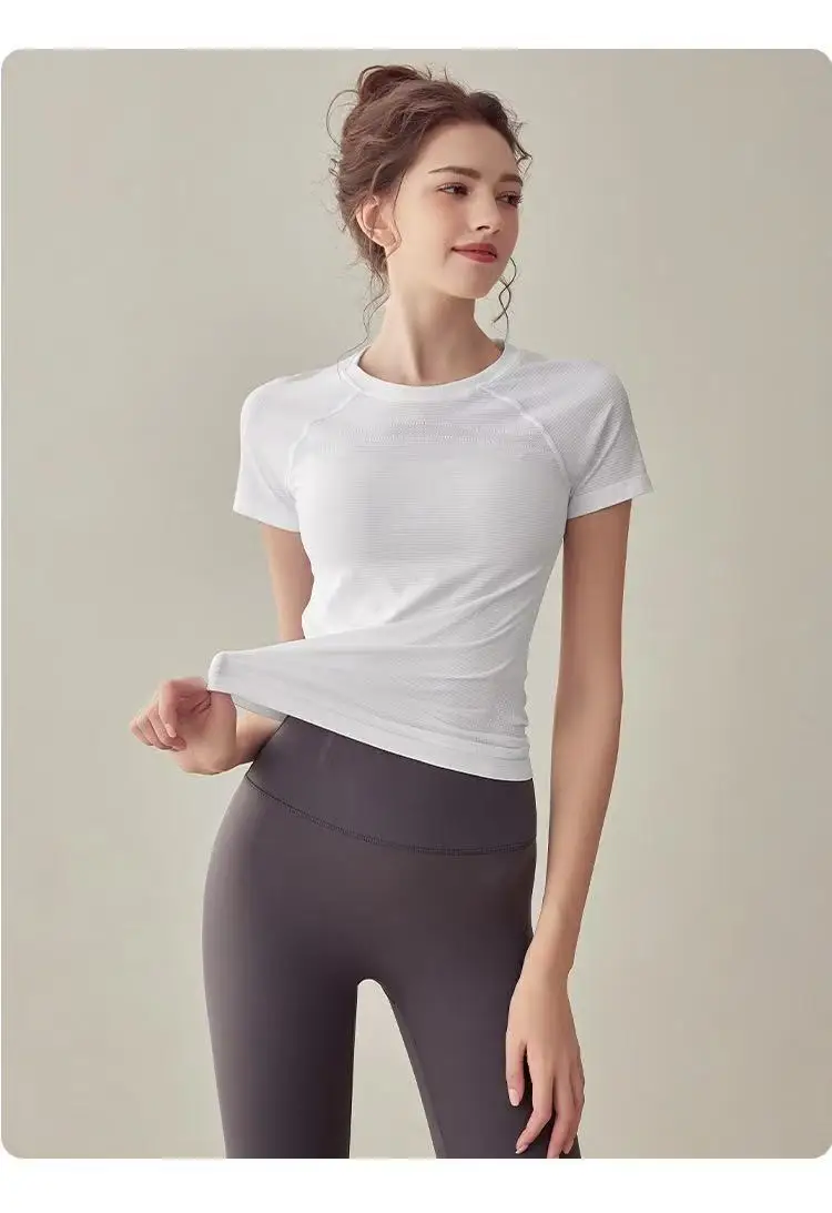 Sport-Tops Schnelltrocknend Damen Fitness Lauf-Yoga Kurzarm Feuchtigkeitsspendend Wundfreundlich Elastisch Atmungsaktives Yoga-Anzug T-Shirt – Detail 9