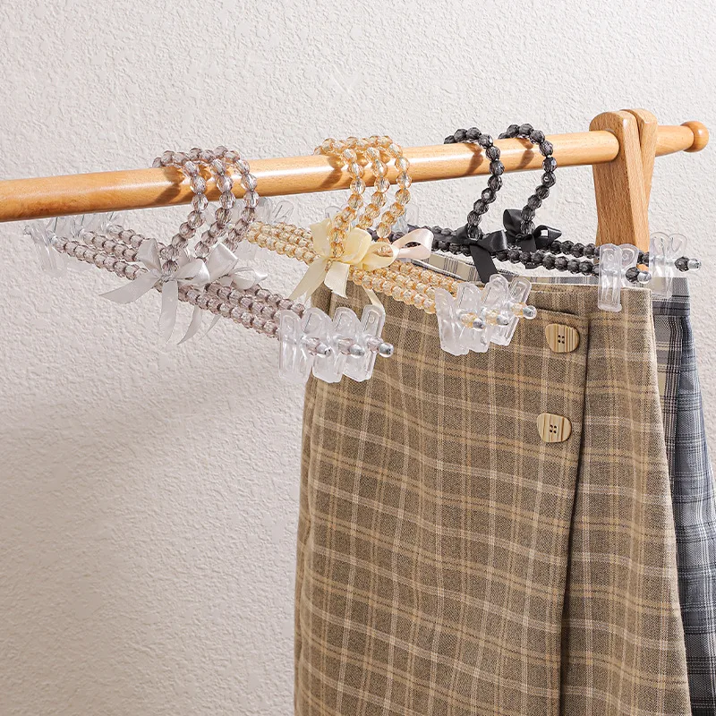 2pcs Adult Plastic Pearl Beaded Bow Clothes Dress Coat Hangers Wedding for Kid Children Save-Space Storage Organizer Dry Rack