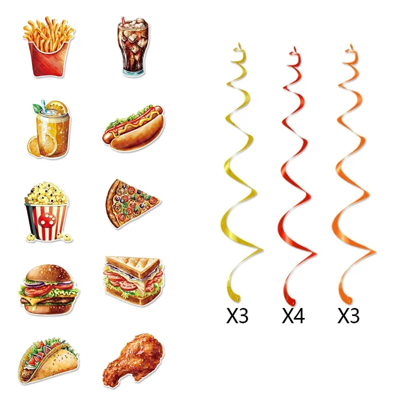 10pcs Fast Food Theme Birthday Spiral Hangings,Coke Chicken Legs Fries Burger Pizza Spiral Pendant
