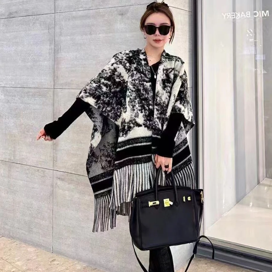 Fashion Elegant Black Jacquard Imitate Cashmere Shawl Autumn Winter Women Wool Cape Long Scarf Wraps