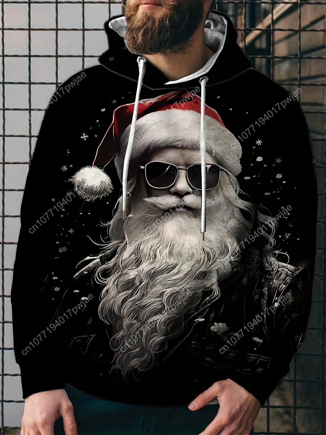 Felpa con cappuccio da Babbo Natale da uomo - Felpa natalizia nera con grafica con cappello da Babbo Natale, felpa con cappuccio a maniche lunghe per feste natalizie, C