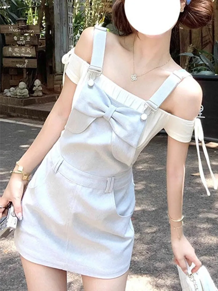 

Sweet Knot Denim Overalls Women's Summer Slim Fit One Shoulder Top Waist Cinching Short Skirt Fashion Set