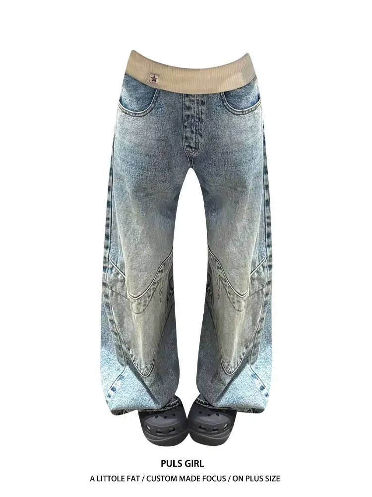 

Винтажные джинсы большого размера в американском стиле, женские, свободные, с широкими штанинами, длинные брюки, весенняя новинка, повседневные, с высокой талией