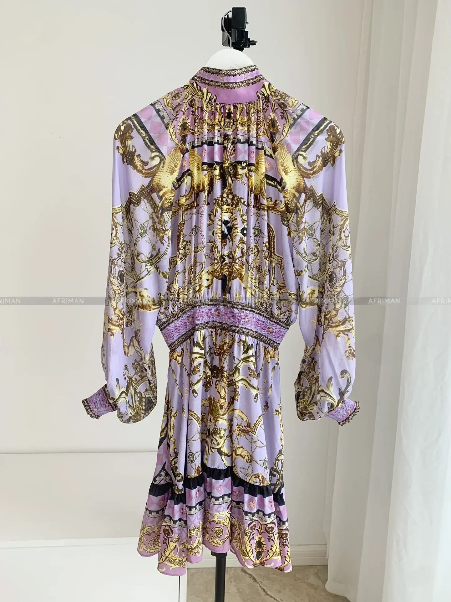 Women High Neck Crystal Beaded Long Sleeve Retro Purple Flower Print Elastic Waist 100% Silk Mini Dress