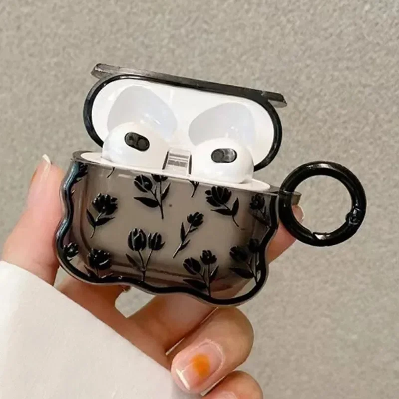 INS Clear Black Tulip Flower Case For AirPods 3 2 1 Cute Transparent Cover Retro Rose Flowers Wave Earphone Soft Airpod Pro 2