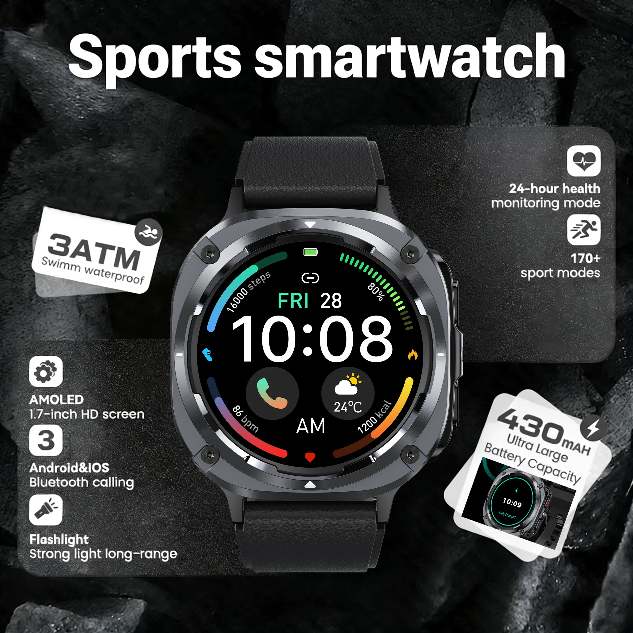 

Новые смарт-часы 2026 года с LED-фонариком, 430 мАч, для мужчин, 1,39-дюймовые, спортивные, водонепроницаемые (3ATM), с Bluetooth-вызовами