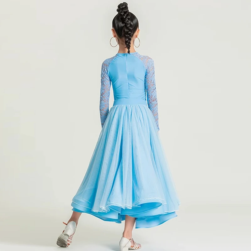 الأزرق قاعة الرقص فستان رقص الفتيات الفالس الأداء الحديث الزي الدانتيل كم يوتار تنورة مجموعة فستان المنافسة القياسية VDB7971