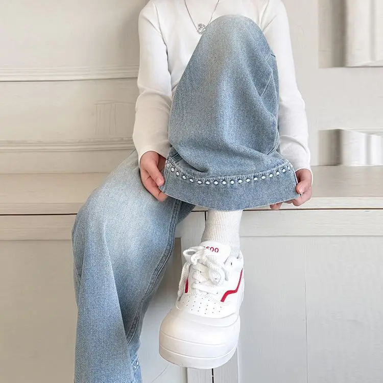 الفتيات نقطة التطريز الجينز 2025 الربيع الخريف جديد الجينز الاطفال فضفاض بنطال ذو قصة أرجل واسعة الأطفال مستقيم الساق واسعة الساق بنطلون