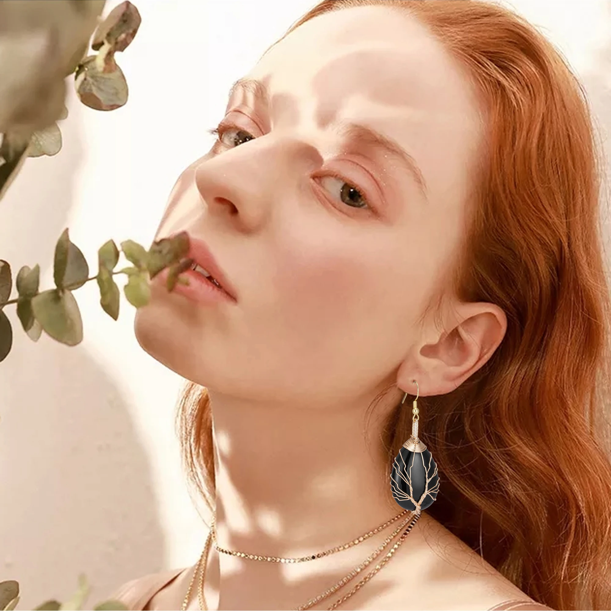Handmade Teardrop Black Agate Crystal Dangle Earrings for Women, Wire Craft Tree of Life Earrings