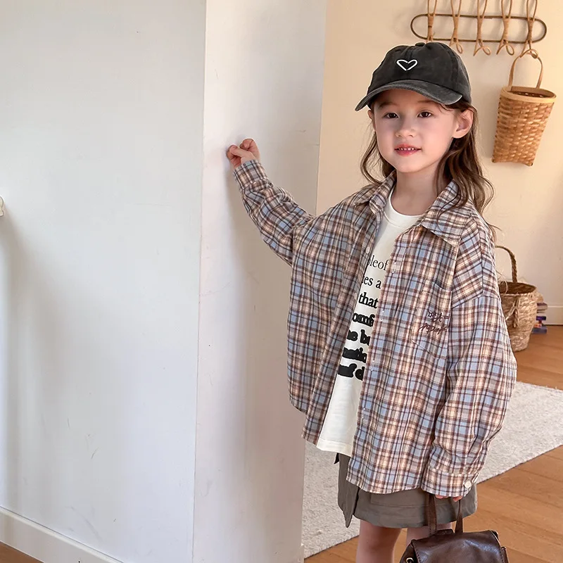 Girls Korean Casual Loose Plaid Shirt Autumn Children Thin Coat Polished Plaid Shirt Basics Simple Classic Casual Shirt