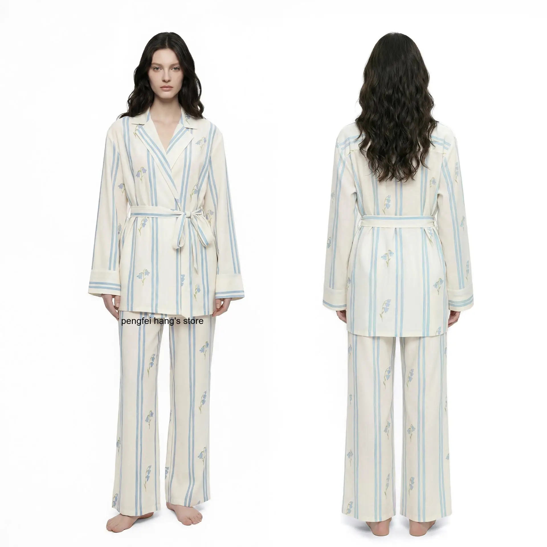 New Luxury Long Sleeve Loungewear Set, Japanese Style Wrap Collar, Slim Waist Design, Elegant Fitted Trousers Casual Home Outfit