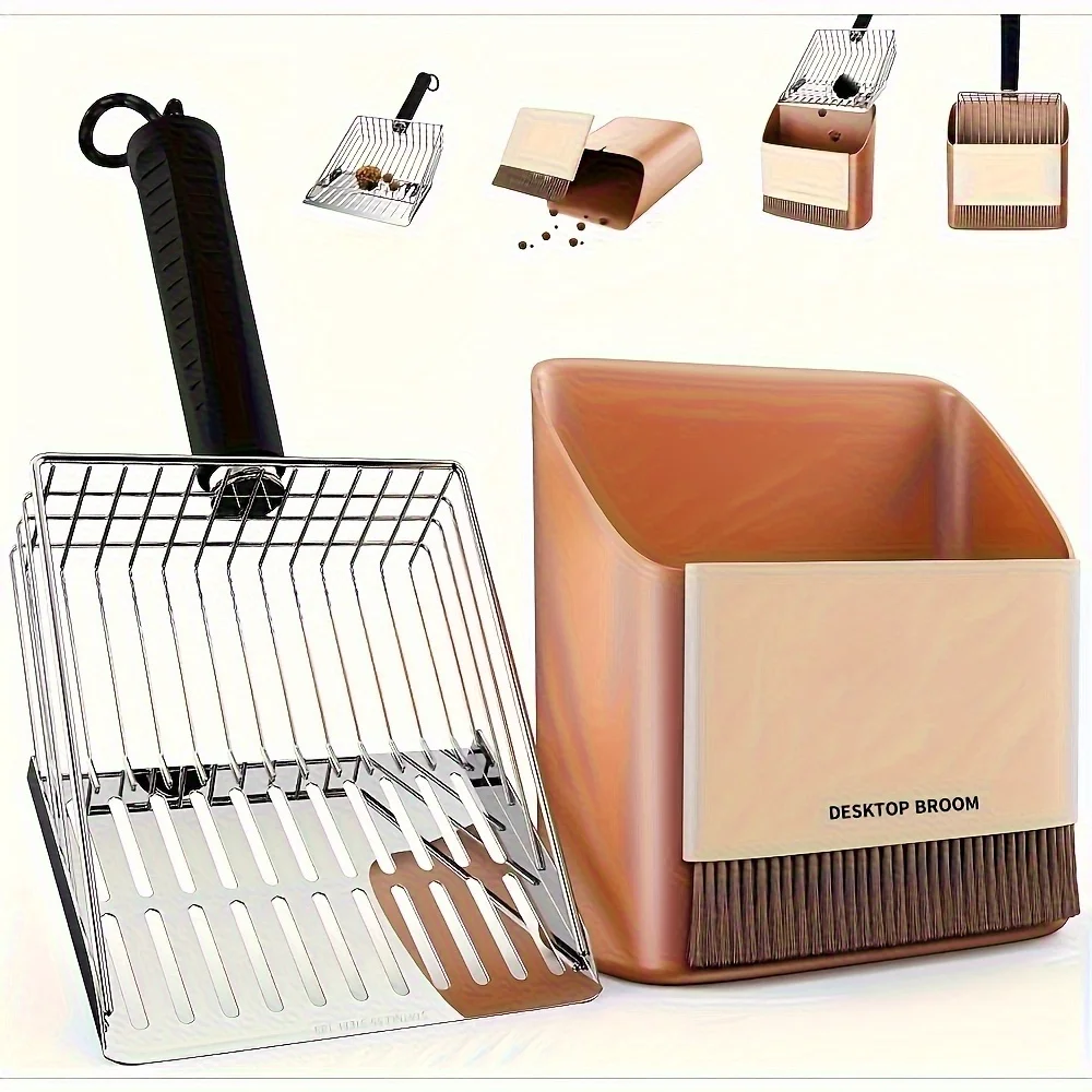 Set di paletta per lettiera per gatti in metallo resistente, dotato di setacci a maglia spessa e sottile, mini scopa portatile e paletta, facile da pulire._voghion.com